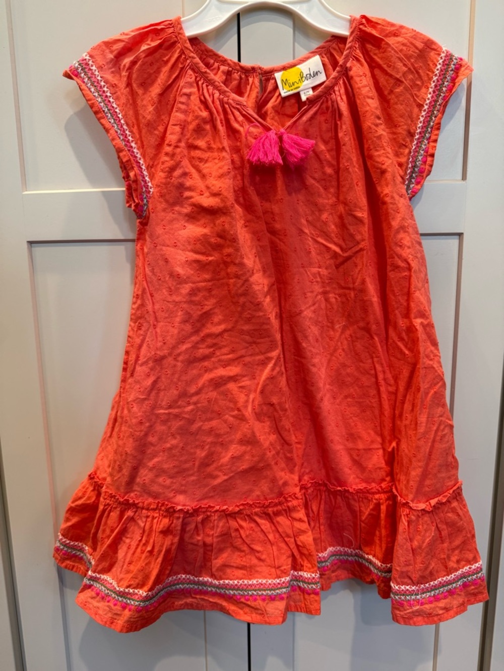 Mini Boden Coral-Pink Tassel Eyelet Dress